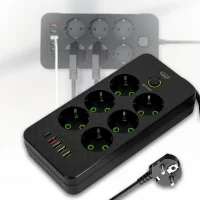 Електричний подовжувач 2500W на 6 розеток з 4-ма USB, 1-м Type-C довжиною 2 метри 483 Чорний