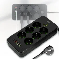 Електричний подовжувач 2500W на 6 розеток з 4-ма USB, 1-м Type-C довжиною 2 метри 483 Чорний