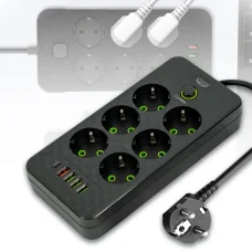 Мережевий фільтр довжиною 3 метри на 6 розеток з вимикачем 4-ма USB, 1-м Type-C 484 Чорний