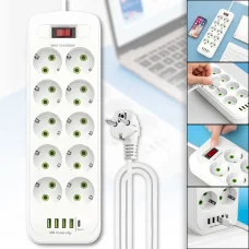 Мережевий подовжувач на 10 розеток з кабелем 5 метрів та вимикачем 4хUSB | Type-C D10