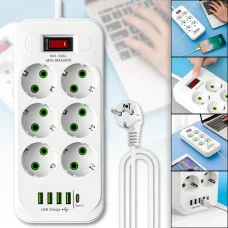Мережевий подовжувач на 3 метри з вимикачем та заземленням 6х220V | 4хUSB | Type-C D6