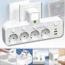 Мережевий адаптер з вбудованим нічником та вимикачами 4х220V | 2хUSB | Type-C 8625UL