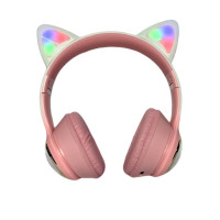 Акумуляторні бездротові Bluetooth навушники з мікрофоном AKZ-62 Навушники з вушками та підсвічуванням Рожеві