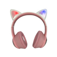 Акумуляторні бездротові Bluetooth навушники з мікрофоном AKZ-09 Навушники з вушками та підсвічуванням Біло-рожеві