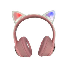 Акумуляторні бездротові Bluetooth навушники з мікрофоном AKZ-09 Навушники з вушками та підсвічуванням Біло-рожеві