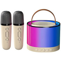 Портативна Bluetooth колонка з 2 караоке мікрофонами K52 Бежева колонка RGB з підсвічуванням